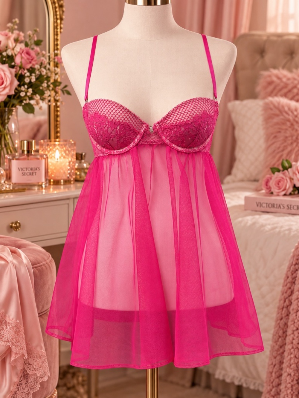 Victoria's Secret Pink Lace Underwire Babydoll Slip Lingerie Size 34B